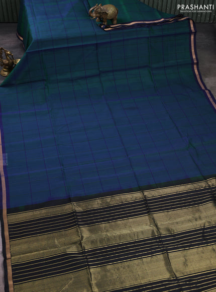 Kora silk cotton saree dual shade of bluish green and black with allover checked pattern and small zari woven border