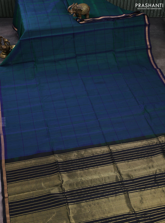 Kora silk cotton saree dual shade of bluish green and black with allover checked pattern and small zari woven border