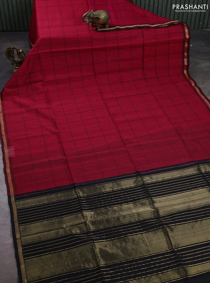 Kora silk cotton saree pink and black with allover checked pattern and small zari woven border