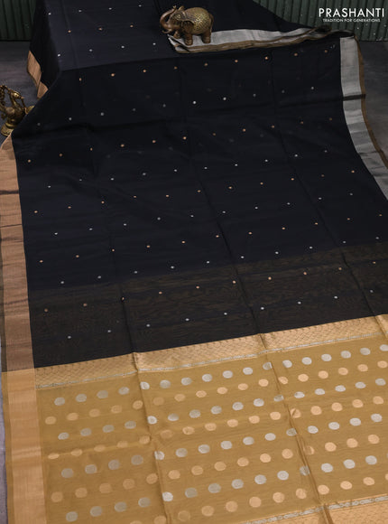 Kora silk cotton saree black and sandal with silver & gold zari woven buttas and zari woven border