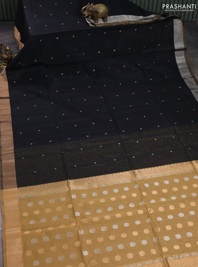 Kora silk cotton saree black and sandal with silver & gold zari woven buttas and zari woven border