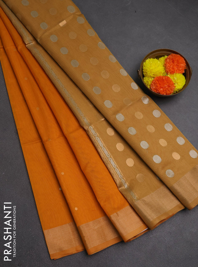 Kora silk cotton saree mango yellow and beige with silver & gold zari woven buttas and zari woven border