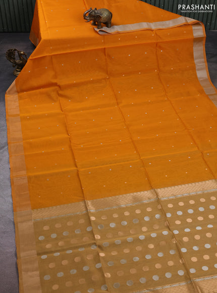Kora silk cotton saree mango yellow and beige with silver & gold zari woven buttas and zari woven border
