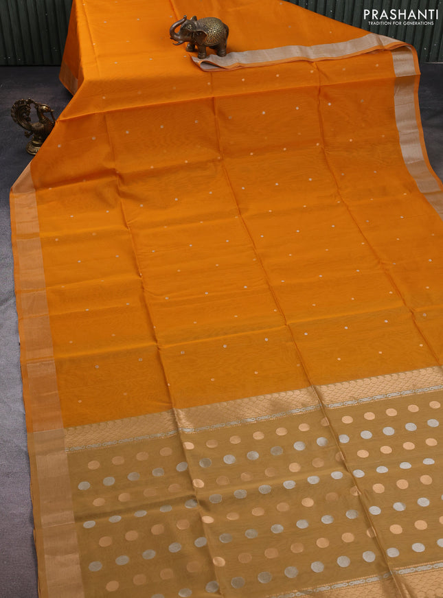 Kora silk cotton saree mango yellow and beige with silver & gold zari woven buttas and zari woven border
