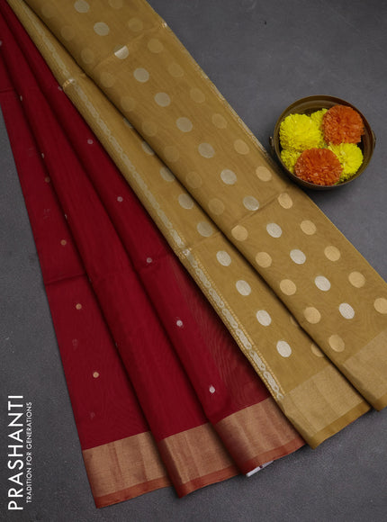 Kora silk cotton saree red and sandal with silver & gold zari woven buttas and zari woven border