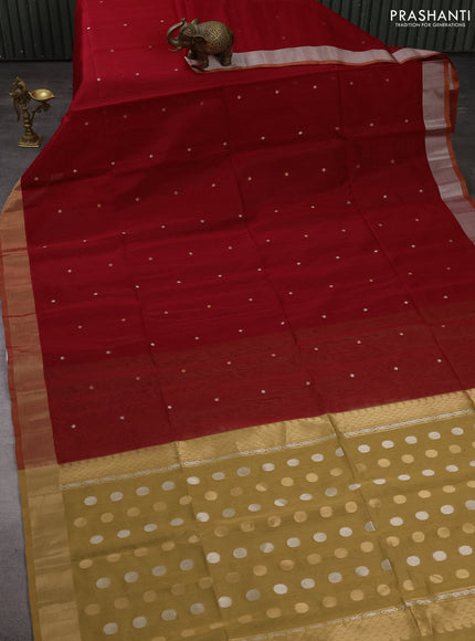 Kora silk cotton saree red and sandal with silver & gold zari woven buttas and zari woven border