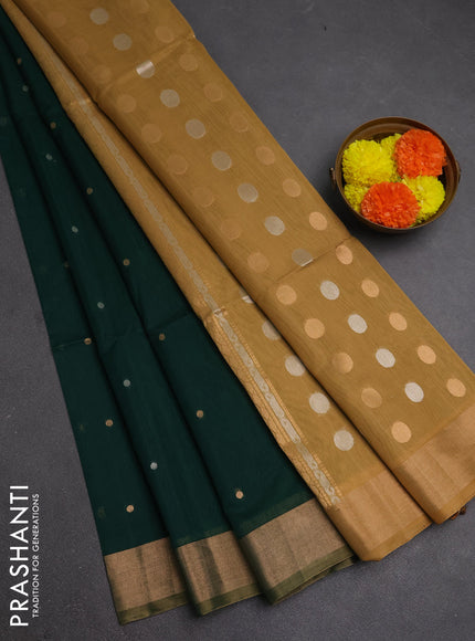 Kora silk cotton saree bottle green and sandal with silver & gold zari woven buttas and zari woven border