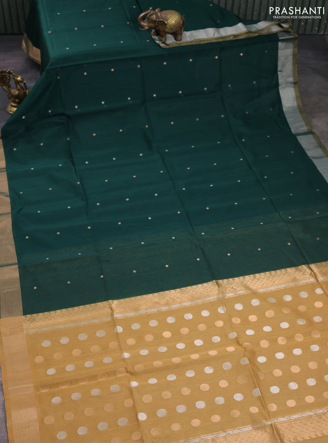 Kora silk cotton saree bottle green and sandal with silver & gold zari woven buttas and zari woven border