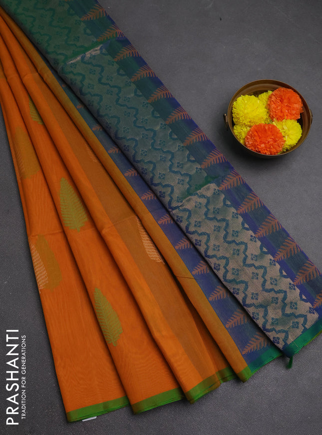 Kora silk cotton saree mustard yellow and dual shade of bluish green with thread & zari woven leaf buttas and piping border