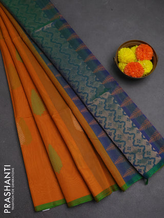 Kora silk cotton saree mustard yellow and dual shade of bluish green with thread & zari woven leaf buttas and piping border