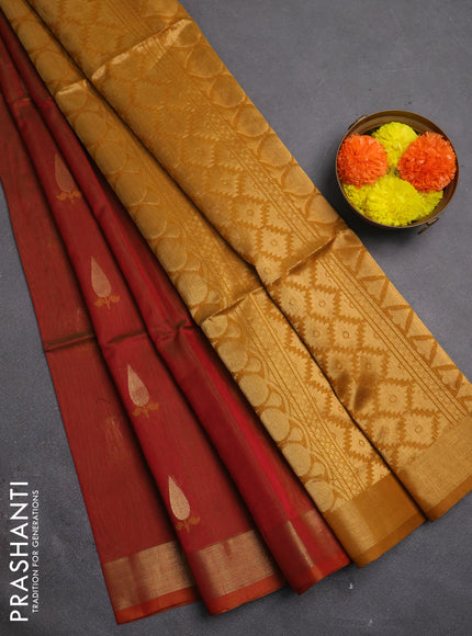 Kora silk cotton saree dual shade of greenish maroon and mustard yellow with thread & zari woven buttas and zari woevn border