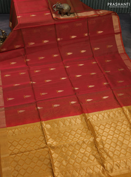 Kora silk cotton saree dual shade of greenish maroon and mustard yellow with thread & zari woven buttas and zari woevn border