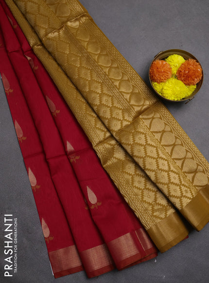 Kora silk cotton saree red and mustard yellow with allover thread & zari woven buttas and zari woven border