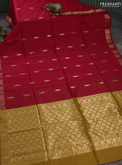 Kora silk cotton saree red and mustard yellow with allover thread & zari woven buttas and zari woven border