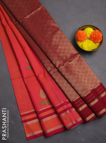 Kora silk cotton saree dual shade of pink and deep maroon with allover thread & zari woven buttas and rettapet zari woven border