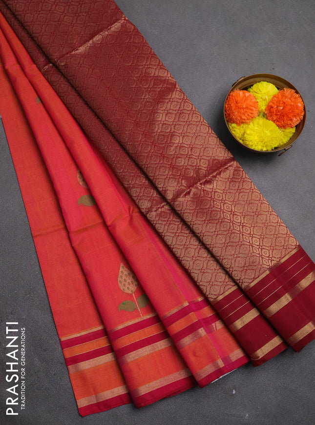Kora silk cotton saree dual shade of pink and deep maroon with allover thread & zari woven buttas and rettapet zari woven border