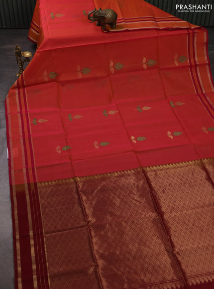 Kora silk cotton saree dual shade of pink and deep maroon with allover thread & zari woven buttas and rettapet zari woven border