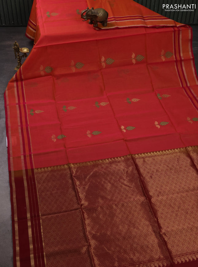 Kora silk cotton saree dual shade of pink and deep maroon with allover thread & zari woven buttas and rettapet zari woven border