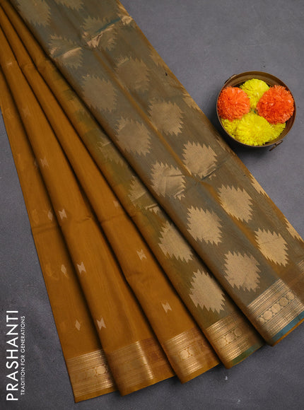 Kora silk cotton saree mustard yellow and teal blue with allover thread & zari woven buttas and zari woven border