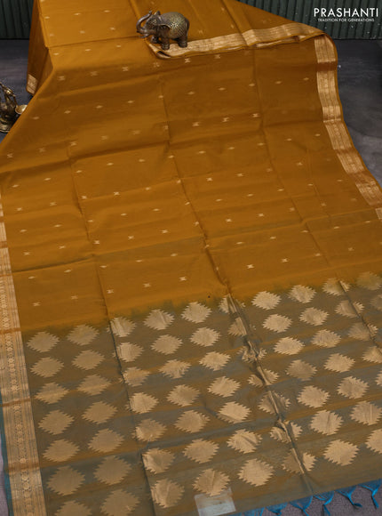 Kora silk cotton saree mustard yellow and teal blue with allover thread & zari woven buttas and zari woven border