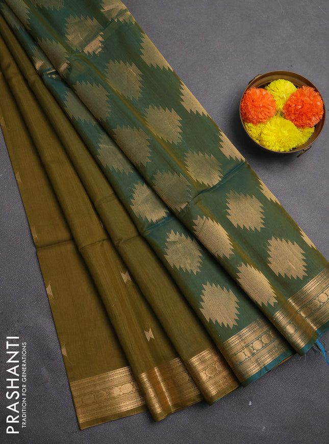 Kora silk cotton saree mehendi green and teal blue with allover thread & zari woven buttas and zari woven border