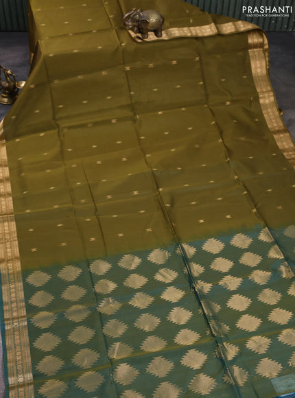 Kora silk cotton saree mehendi green and teal blue with allover thread & zari woven buttas and zari woven border