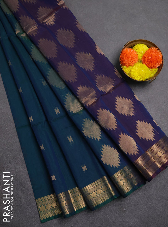 Kora silk cotton saree peacock blue and dual shade of blue with allover thread & zari woven buttas and zari woven border