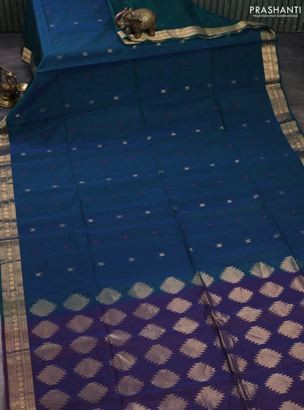 Kora silk cotton saree peacock blue and dual shade of blue with allover thread & zari woven buttas and zari woven border