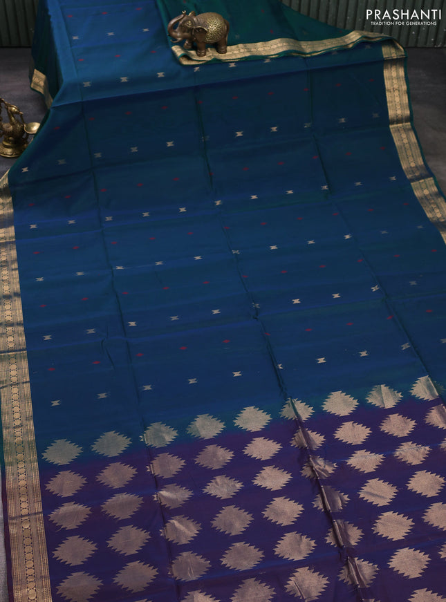Kora silk cotton saree peacock blue and dual shade of blue with allover thread & zari woven buttas and zari woven border