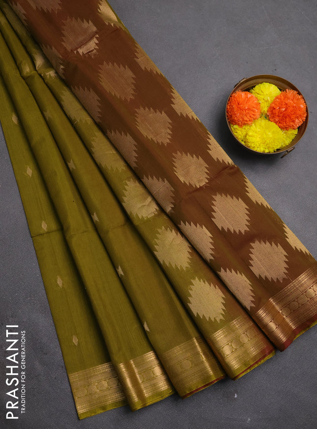 Kora silk cotton saree lime green and maroon with allover thread & zari woven buttas and zari woven border