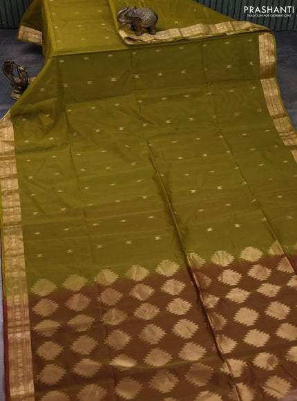 Kora silk cotton saree lime green and maroon with allover thread & zari woven buttas and zari woven border