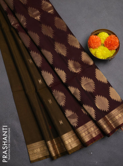 Kora silk cotton saree dark mustard and deep maroon with allover thread & zari woven buttas and zari woven border