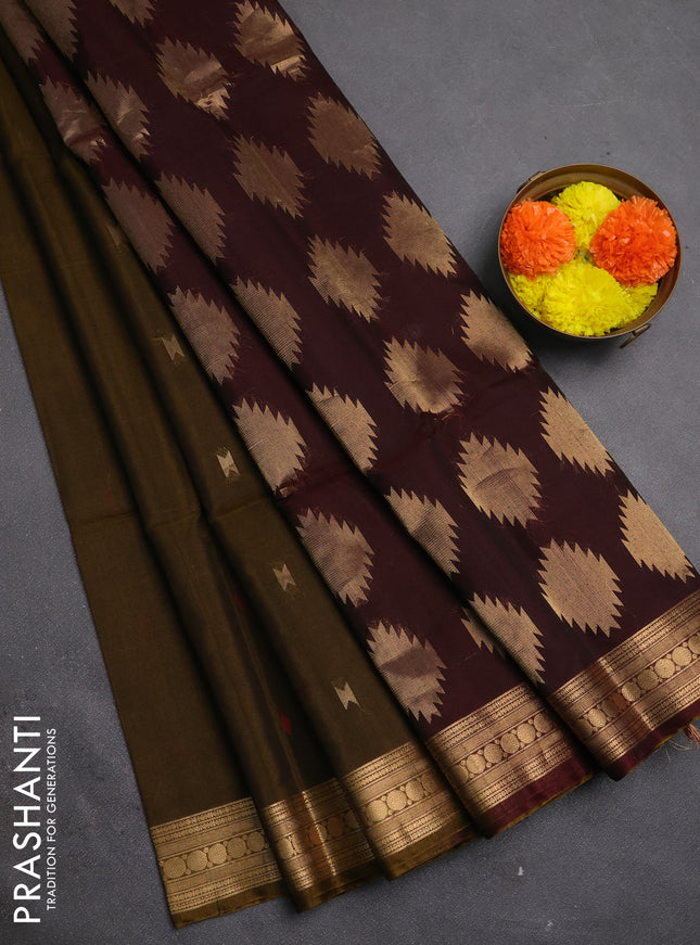 Kora silk cotton saree dark mustard and deep maroon with allover thread & zari woven buttas and zari woven border