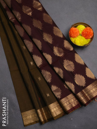 Kora silk cotton saree dark mustard and deep maroon with allover thread & zari woven buttas and zari woven border