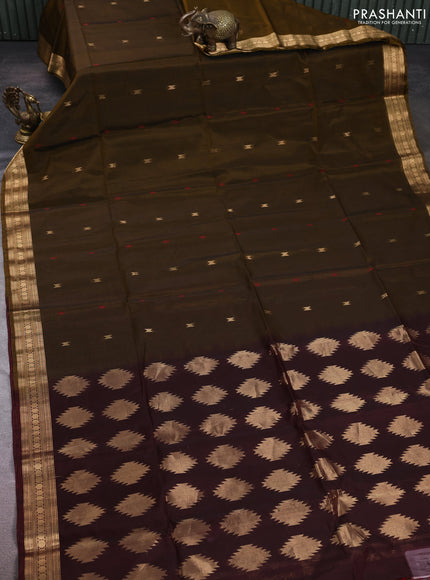 Kora silk cotton saree dark mustard and deep maroon with allover thread & zari woven buttas and zari woven border