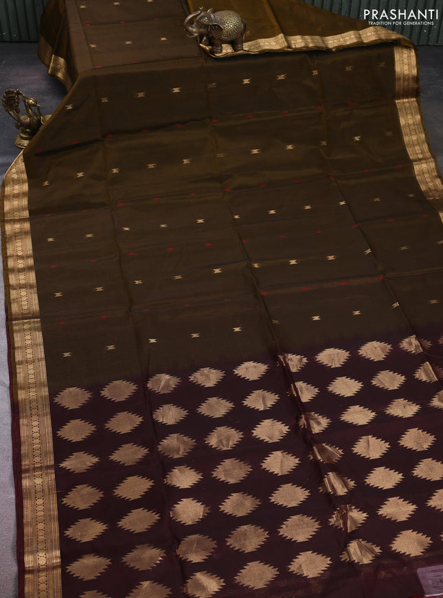 Kora silk cotton saree dark mustard and deep maroon with allover thread & zari woven buttas and zari woven border