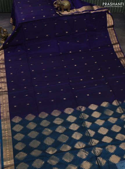 Kora silk cotton saree navy blue and peacock blue with allover zari woven buttas and zari woven border