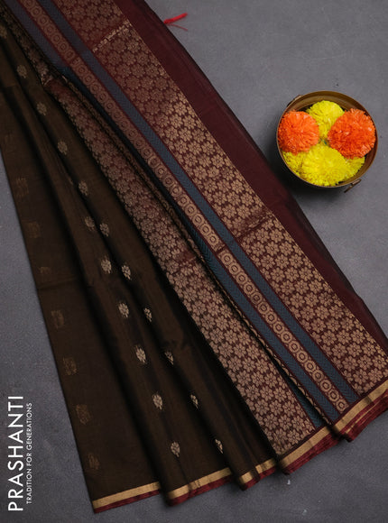 Kora silk cotton saree dark mustard and deep maroon with thread & zari woven buttas and small zari woven border