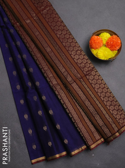 Kora silk cotton saree navy blue and maroon with thread & zari woven buttas and small zari woven border