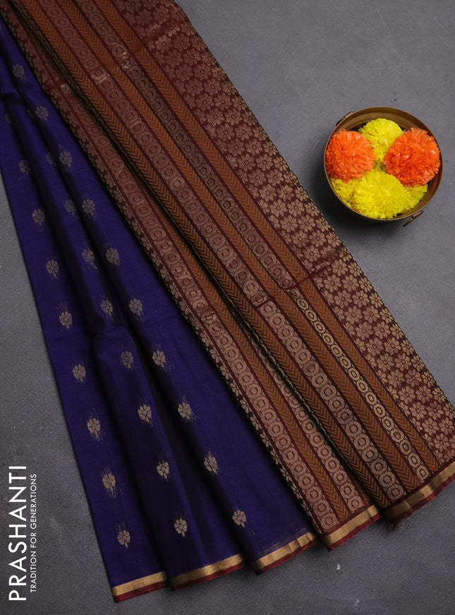 Kora silk cotton saree navy blue and maroon with thread & zari woven buttas and small zari woven border