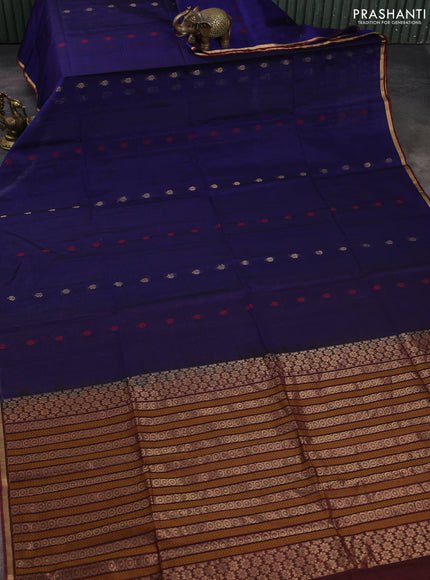 Kora silk cotton saree navy blue and maroon with thread & zari woven buttas and small zari woven border