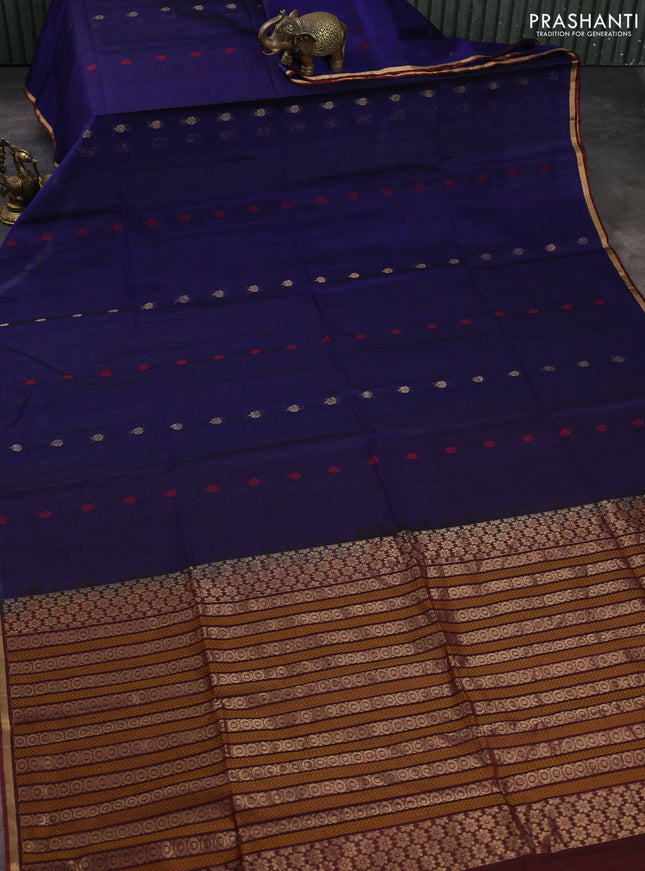 Kora silk cotton saree navy blue and maroon with thread & zari woven buttas and small zari woven border