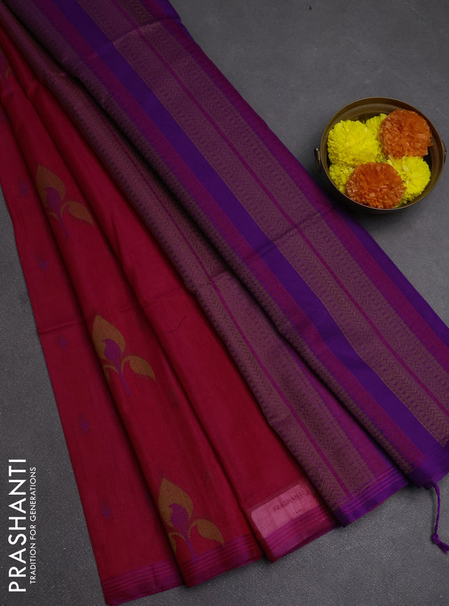 Kora silk cotton saree pink and violet with thread woven buttas and small thread woven border