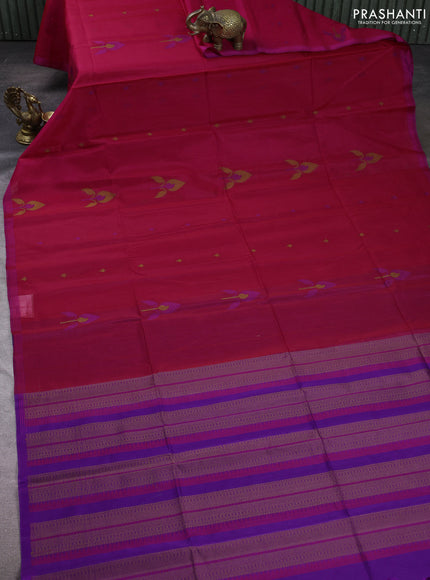 Kora silk cotton saree pink and violet with thread woven buttas and small thread woven border