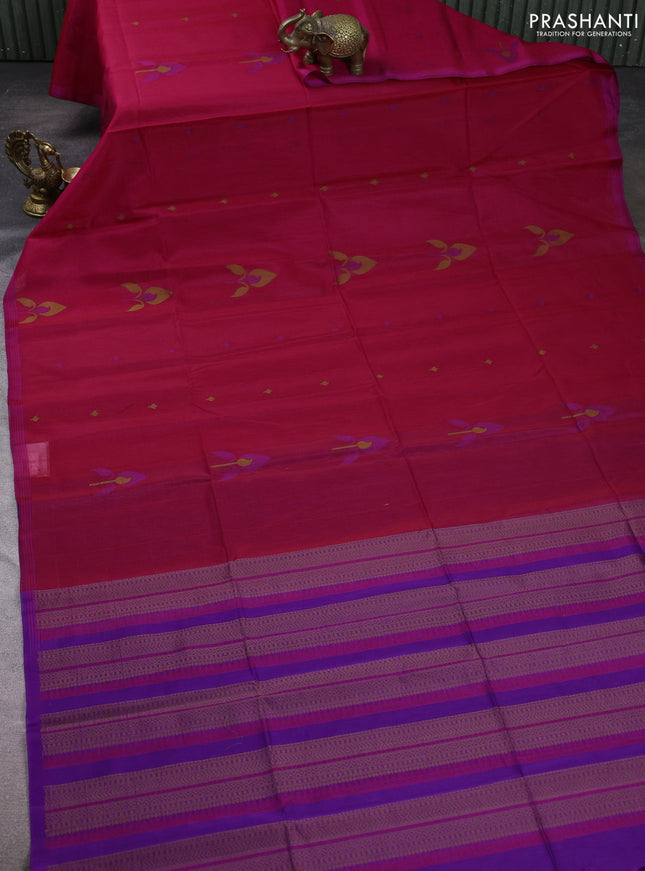 Kora silk cotton saree pink and violet with thread woven buttas and small thread woven border