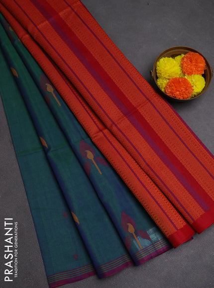 Kora silk cotton saree dual shade of blue and red with thread woven buttas and small thread woven border
