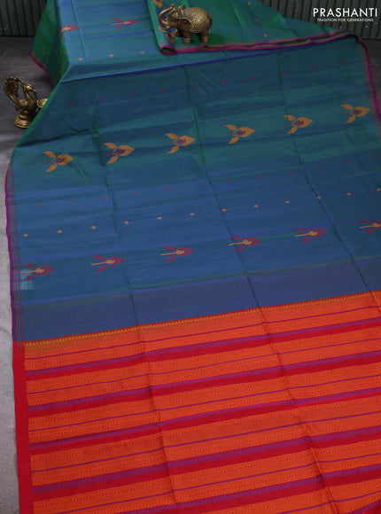 Kora silk cotton saree dual shade of blue and red with thread woven buttas and small thread woven border