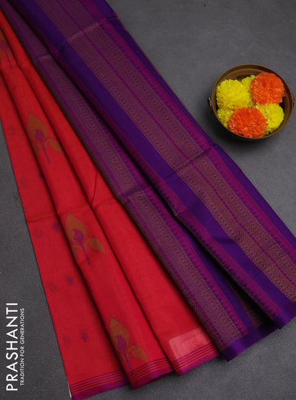 Kora silk cotton saree pink and violet with thread woven buttas and small thread woven border