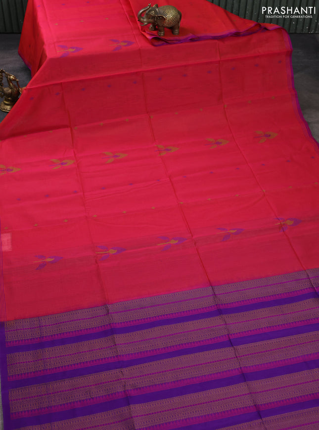 Kora silk cotton saree pink and violet with thread woven buttas and small thread woven border