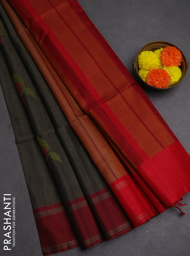 Kora silk cotton saree grey and maroon with thread woven buttas and retta[pet thread woven border